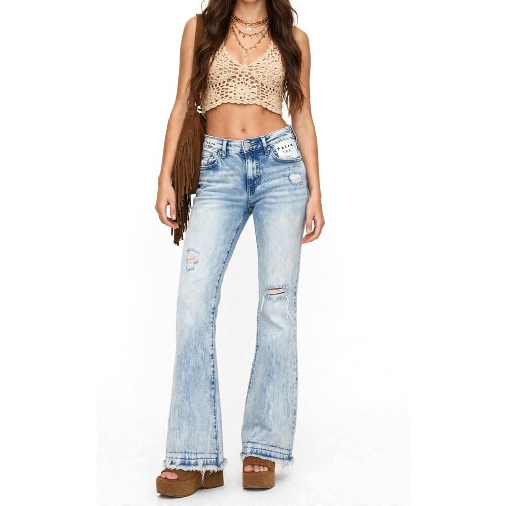 Y2K Boho Grunge Frayed Ripped Acid Wash Distressed Slight Flare Bootcut Jeans